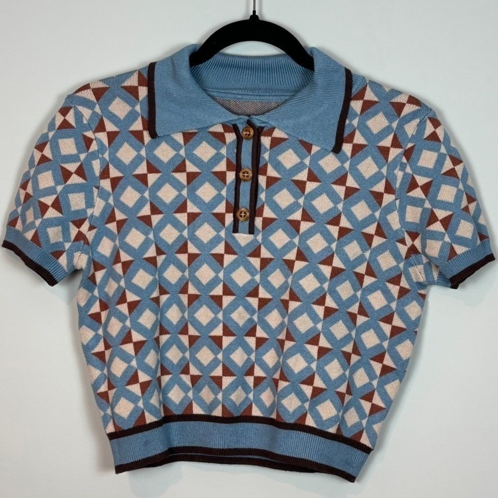 Cider Womens Knit Collar Geometric Button Short Sleeve Crop Sweater Blue XS Fall